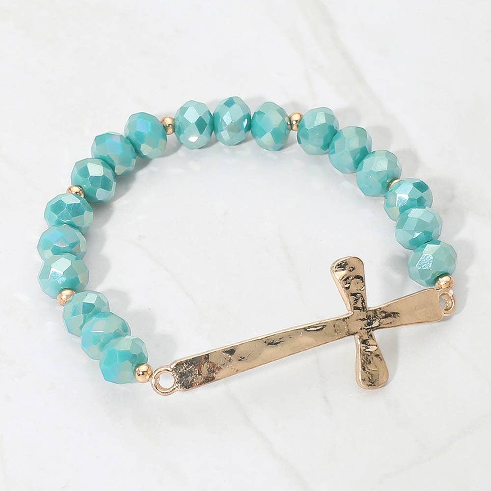 Brushed Hammered Metal Cross Accent Faceted Beaded Stretch Bracelet: Light Blue