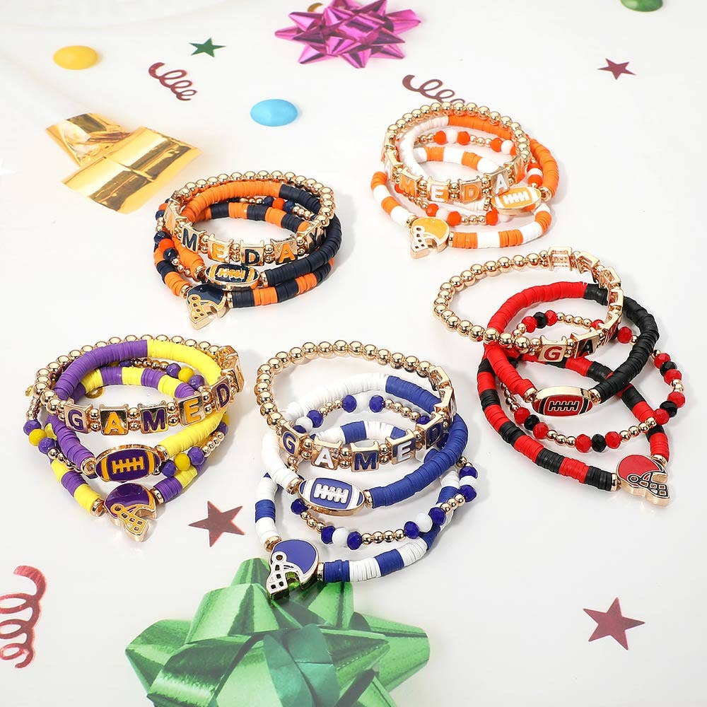 4PCS - GAMEDAY Football Charm Heishi Beaded Stretch Multi Layered Bracelets: Black Burgundy