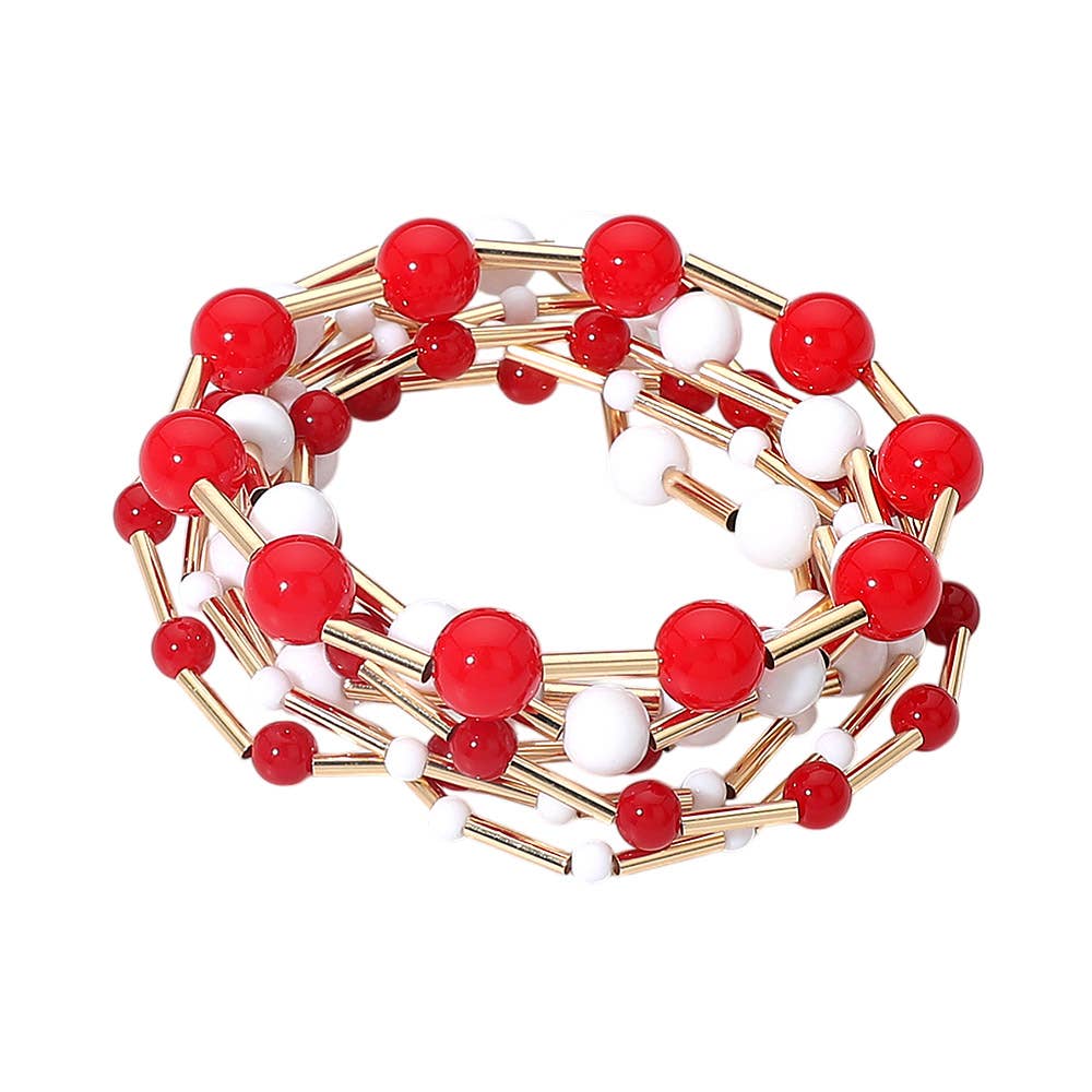 7PCS - Resin Ball Metal Bar Beaded Stretch Stackable Multi Layered Bracelets: Pink&Green