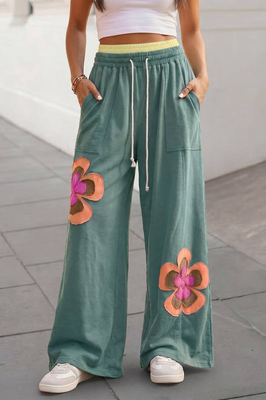 Floral Patch Drawstring Contrast Wide Leg Pants: Sea Green