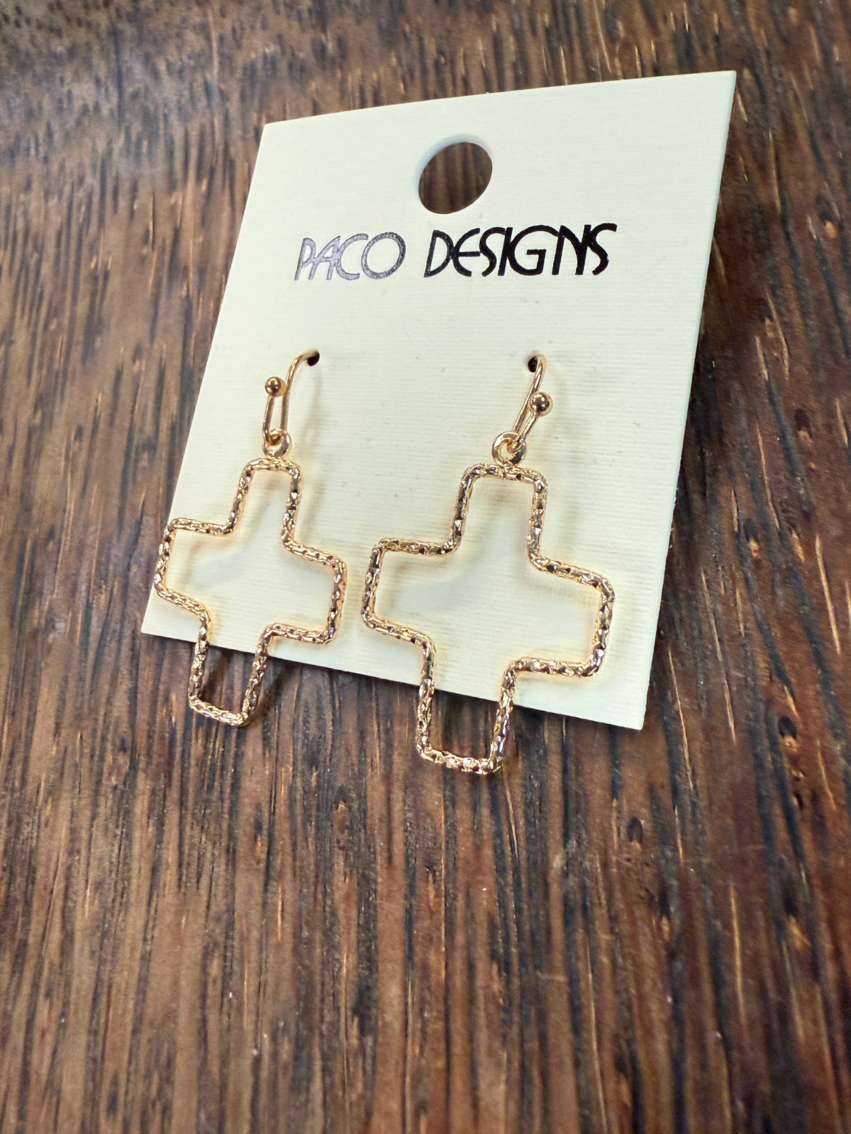 Small Hammered Cross Outline Earrings: Gold