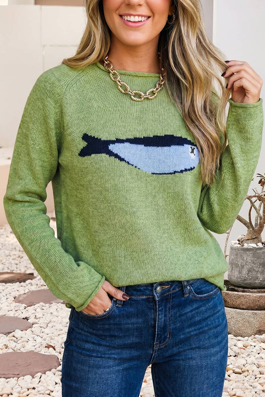 LDC Marine Fish Pattern Raw Edge Loose Sweater Cardigan|S-4X: Meadow Mist Green