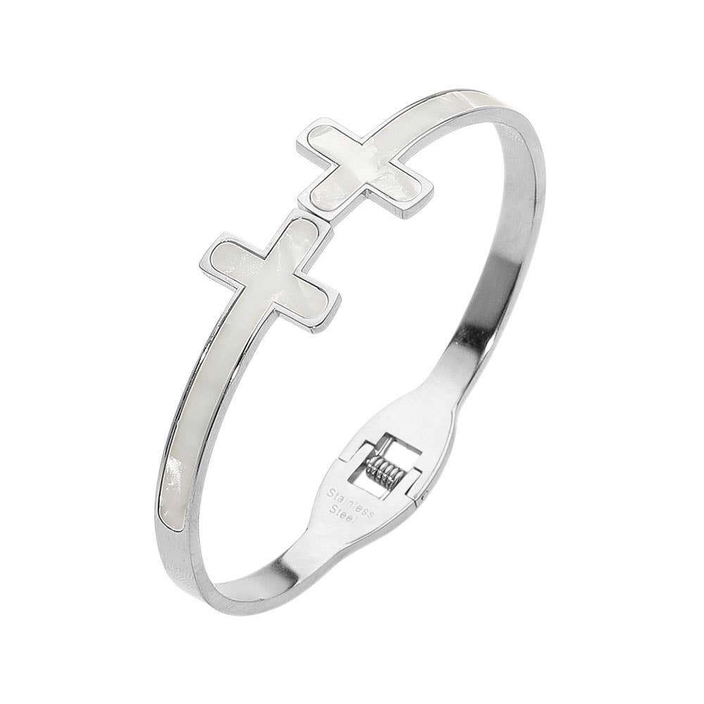 Stainless Steel Mother of Pearl Double Cross Tip Hinged Bangle Bracelet: Mother of Pearl,Silver