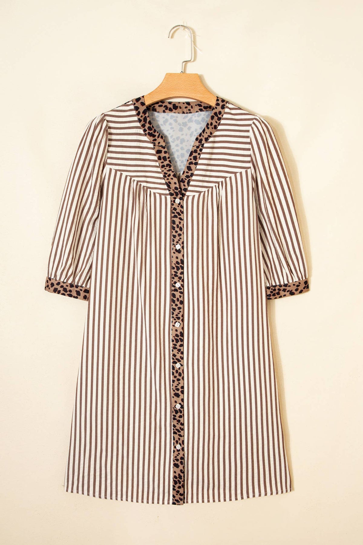 Stripe Button Leopard Trim Bracelet Sleeve Dress (S-XL): Brown / Missy