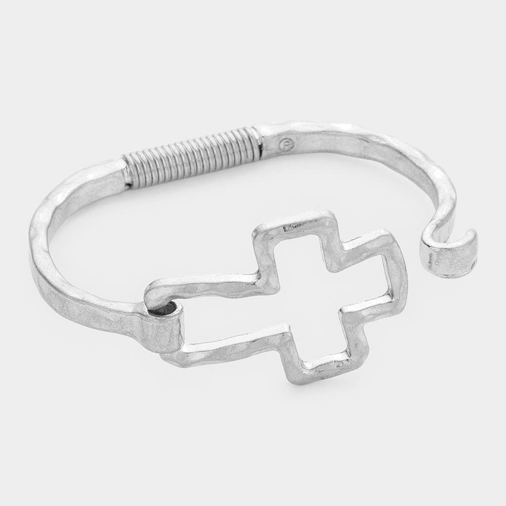 Hammered Open Metal Cross Hook Bracelet: Worn Silver