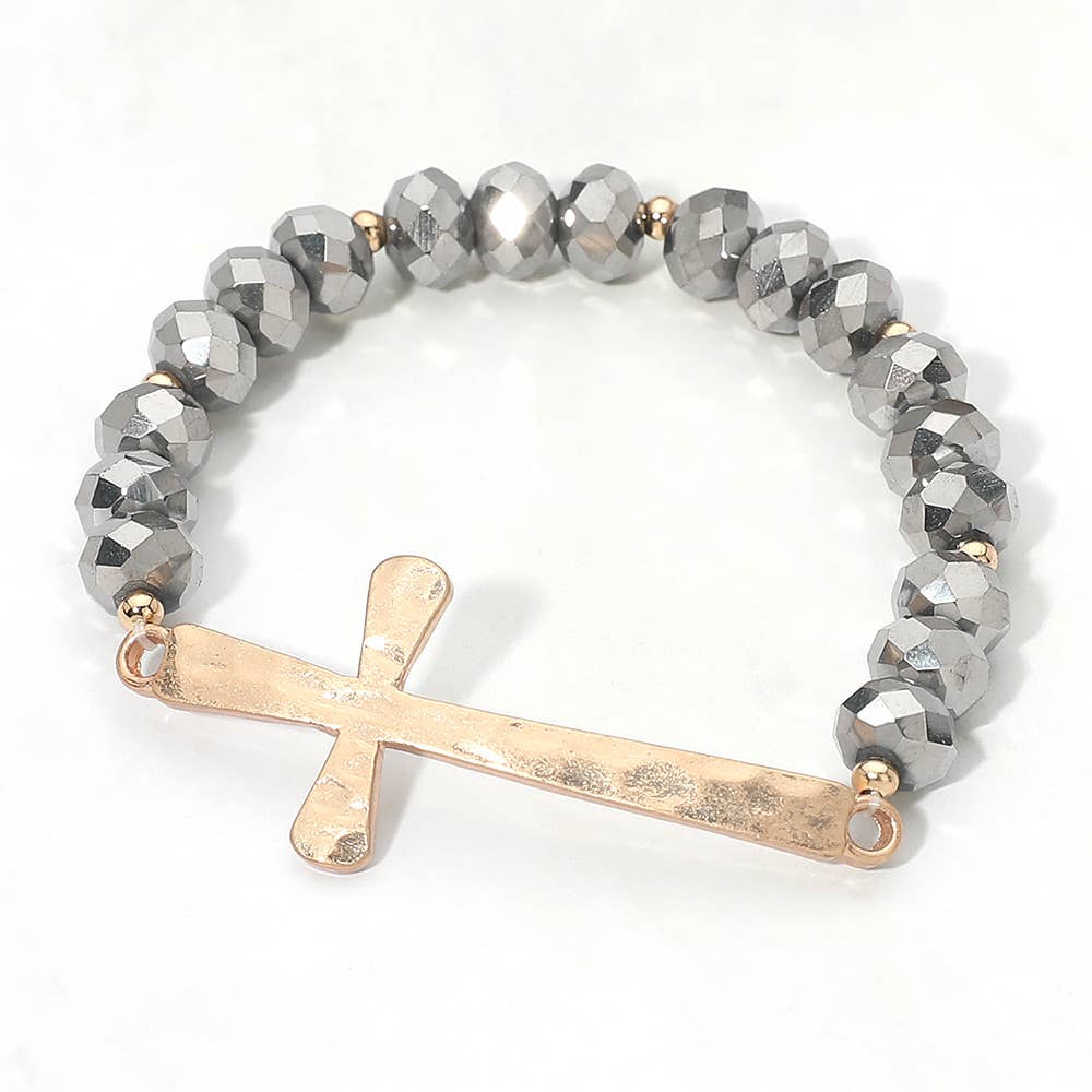 Brushed Hammered Metal Cross Accent Faceted Beaded Stretch Bracelet: Light Blue