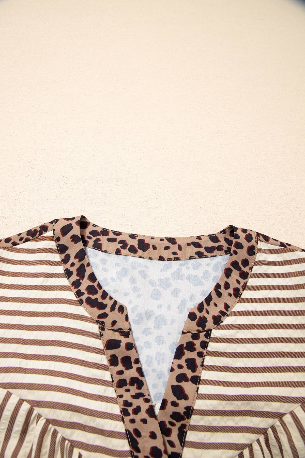 Stripe Button Leopard Trim Bracelet Sleeve Dress (S-XL): Brown / Missy