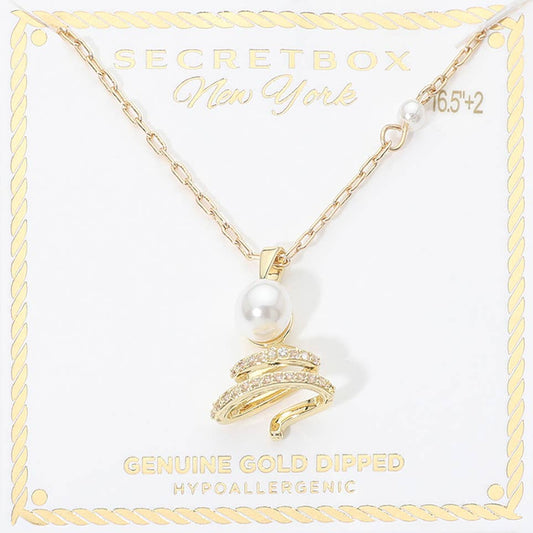 SECRET BOX_Genuine Gold Dipped Pearl Rhinestone Pave Swirl Christmas Tree Pendant Necklace