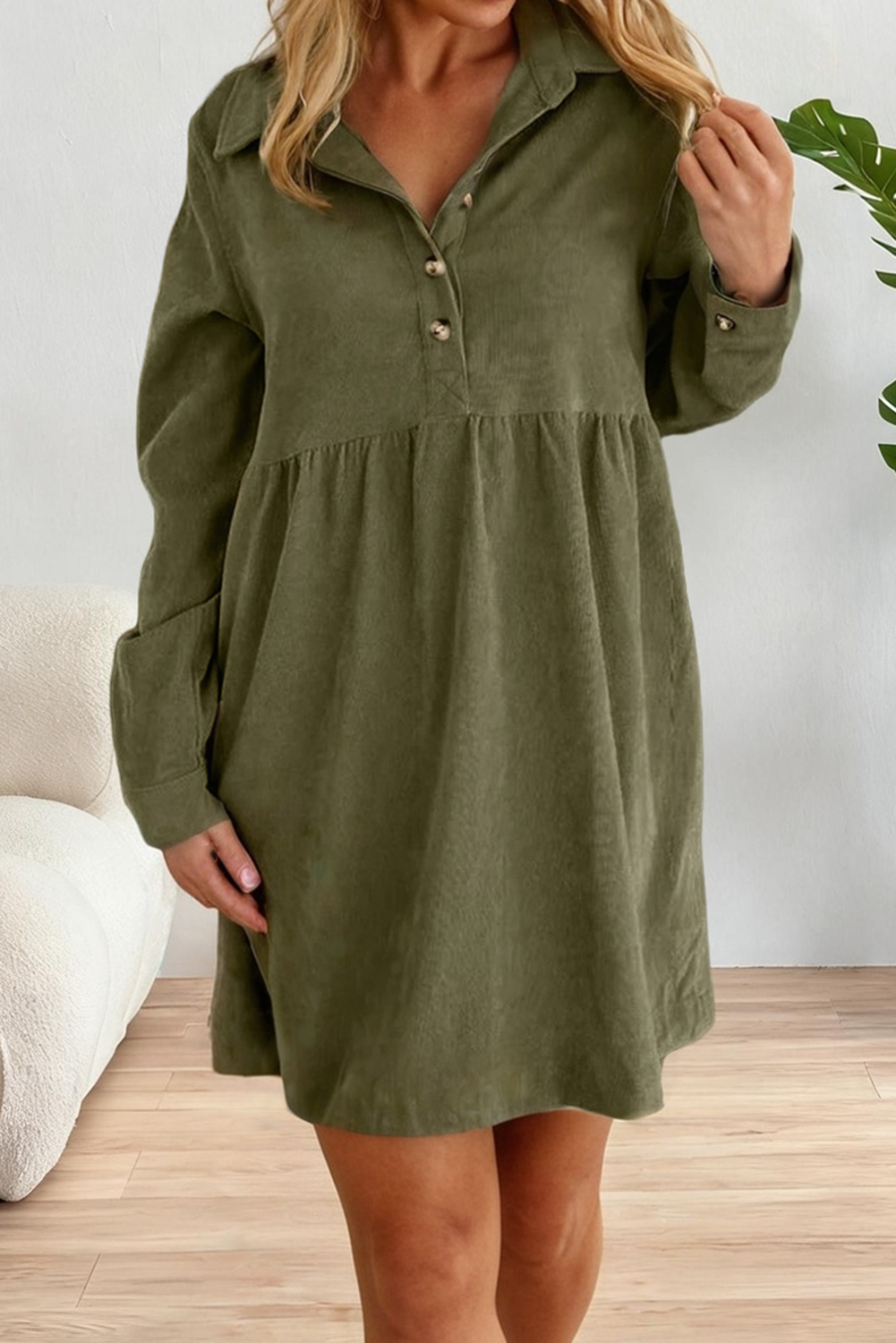Corduroy Half Button Collared Long Sleeve Mini Fall Dress: Beige / Missy