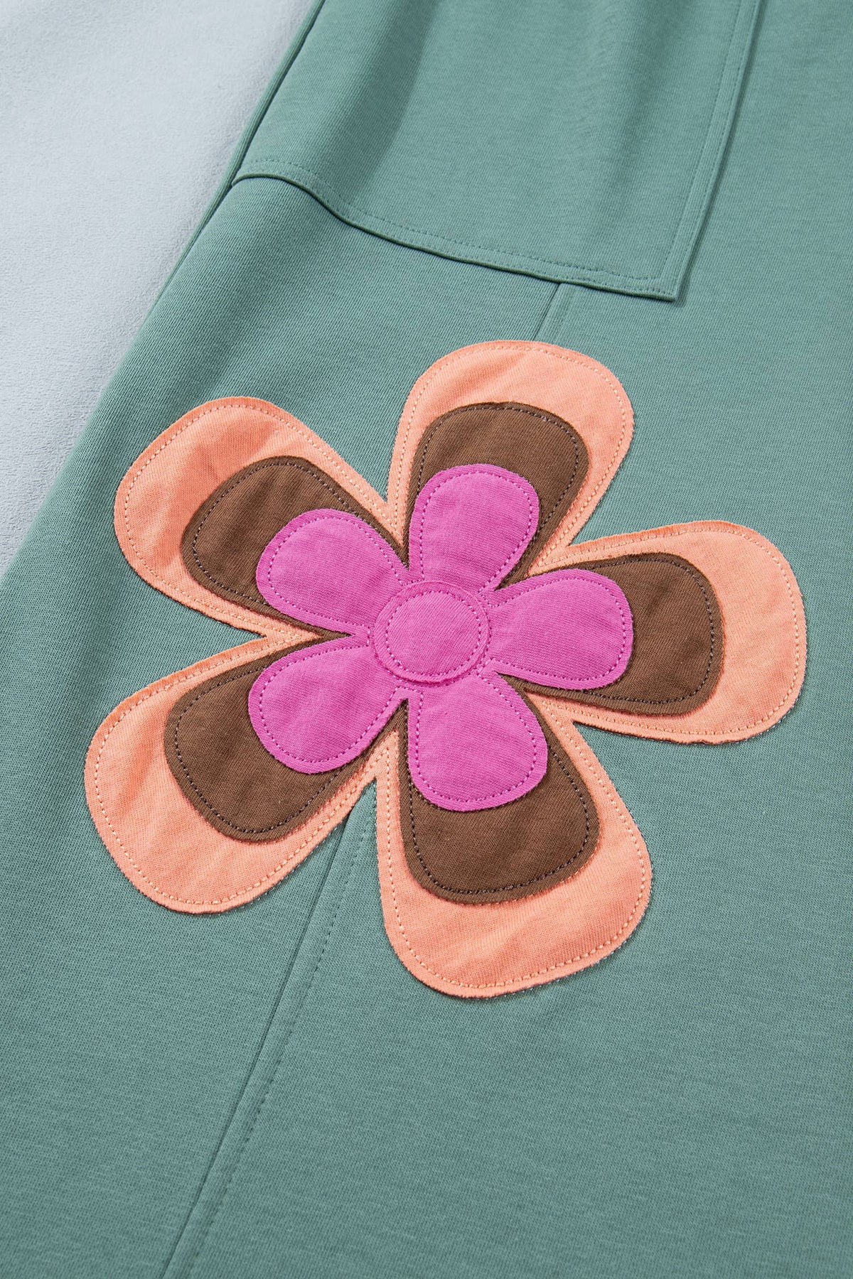 Floral Patch Drawstring Contrast Wide Leg Pants: Sea Green