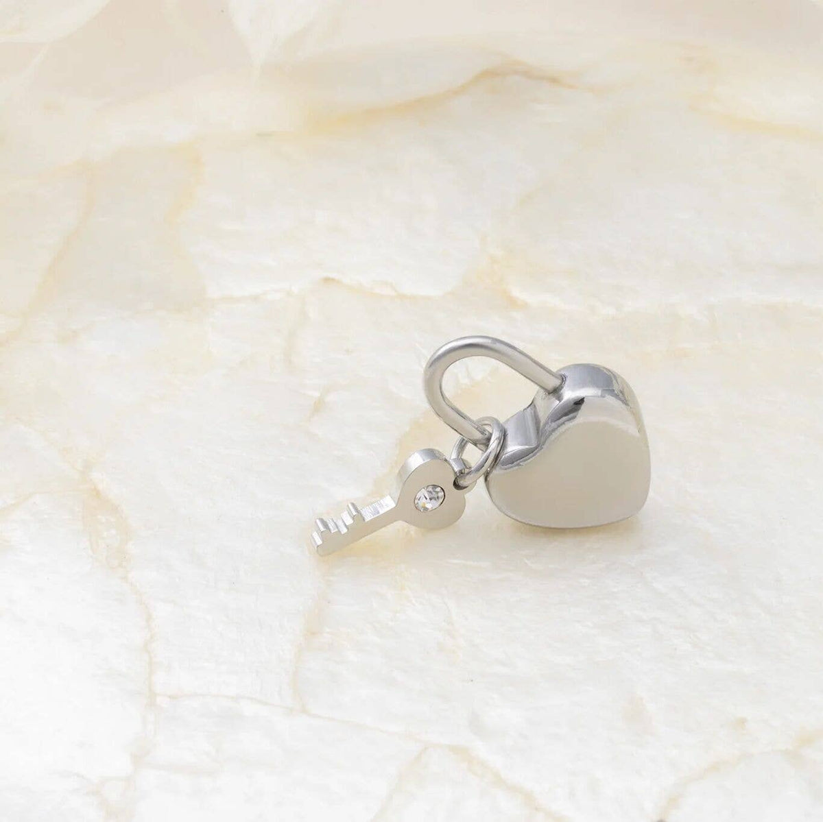 18K Gold PVD Stainless Steel Heart Lock and Key Charm: Gold