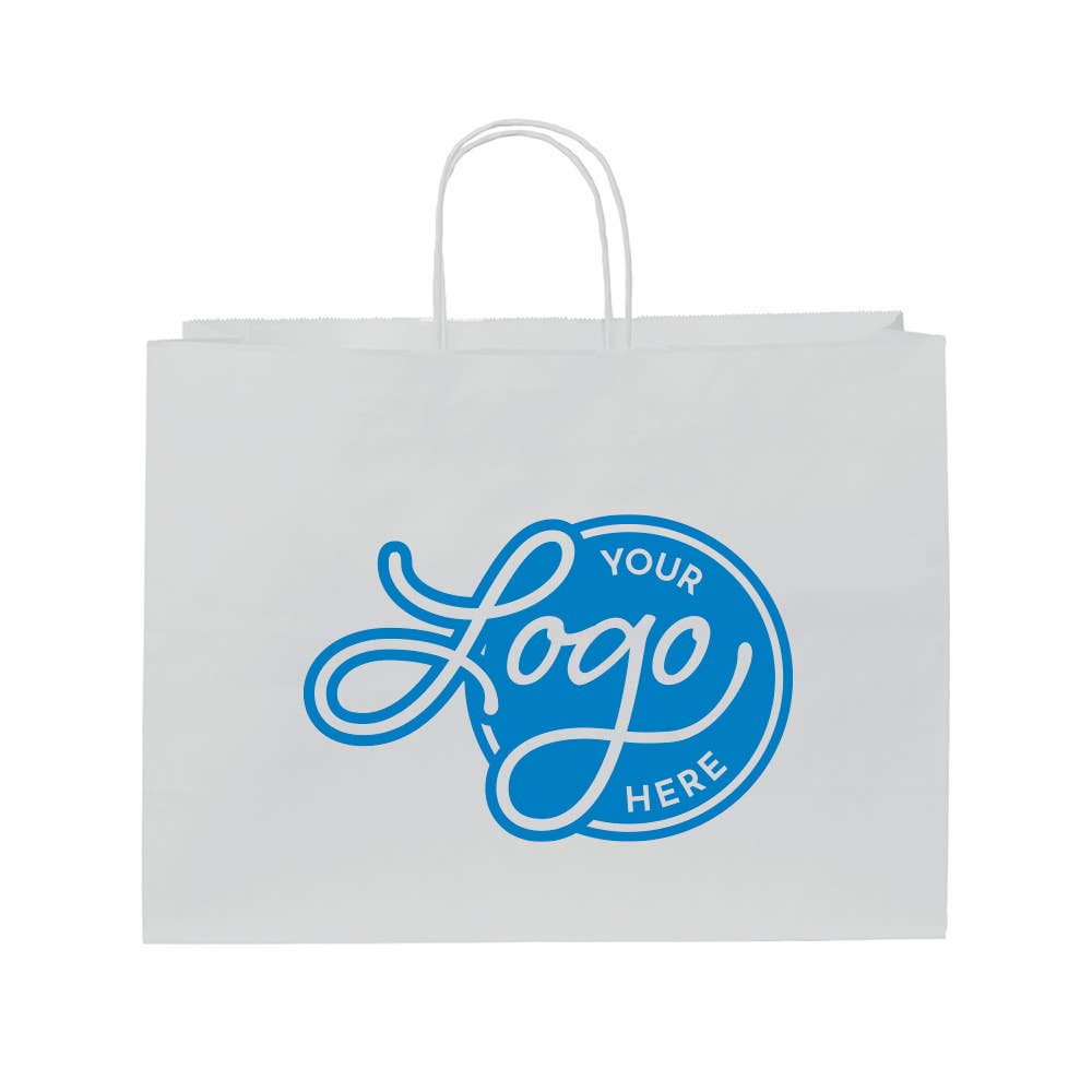 Custom Logo White Kraft Paper Bags w/ Color Ink: 100 Pack / Large (Vogue) - 16”L x 6”D x 12 ½”H