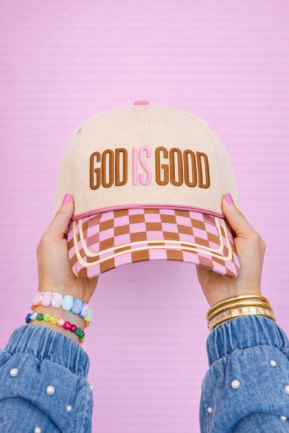 "God is Good" on Tan Hat with Checkered Bill: Tan / One Size