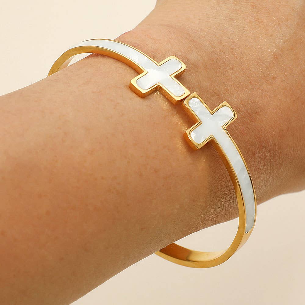 Stainless Steel Mother of Pearl Double Cross Tip Hinged Bangle Bracelet: Mother of Pearl,Silver