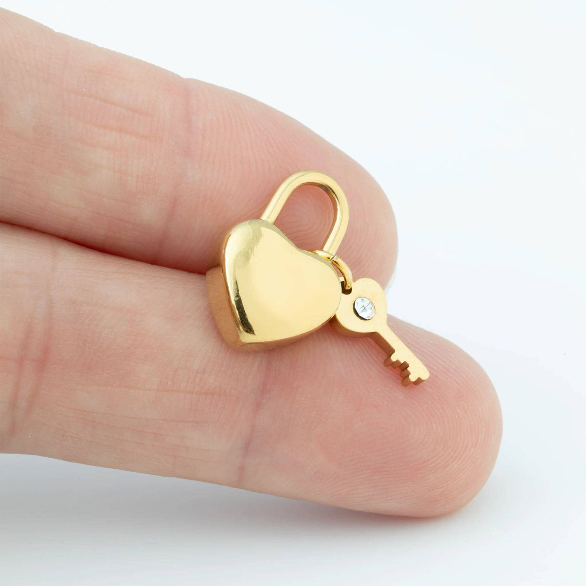 18K Gold PVD Stainless Steel Heart Lock and Key Charm: Stainless