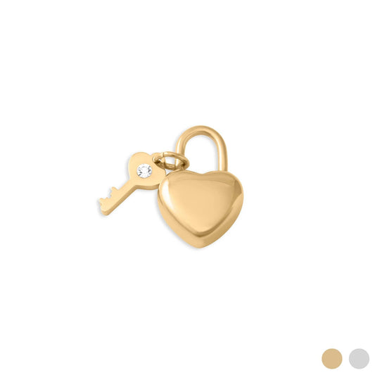 18K Gold PVD Stainless Steel Heart Lock and Key Charm: Gold