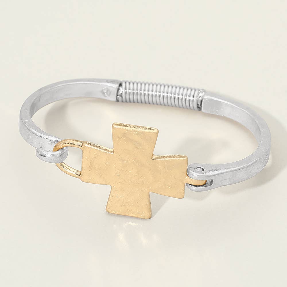 Hammered Metal Cross Accent Hinged Bangle Bracelet: Worn Gold