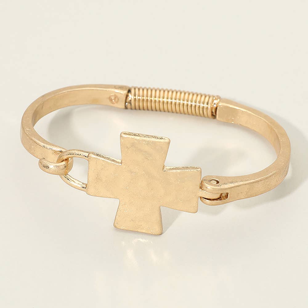 Hammered Metal Cross Accent Hinged Bangle Bracelet: Worn Gold