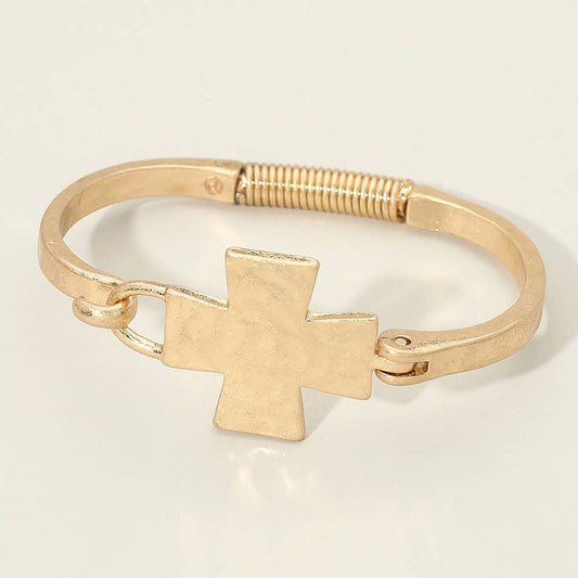 Hammered Metal Cross Accent Hinged Bangle Bracelet: Worn Gold