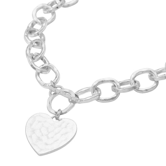Hammered Metal Heart Charm Chunky Chain Toggle Necklace: Worn Silver