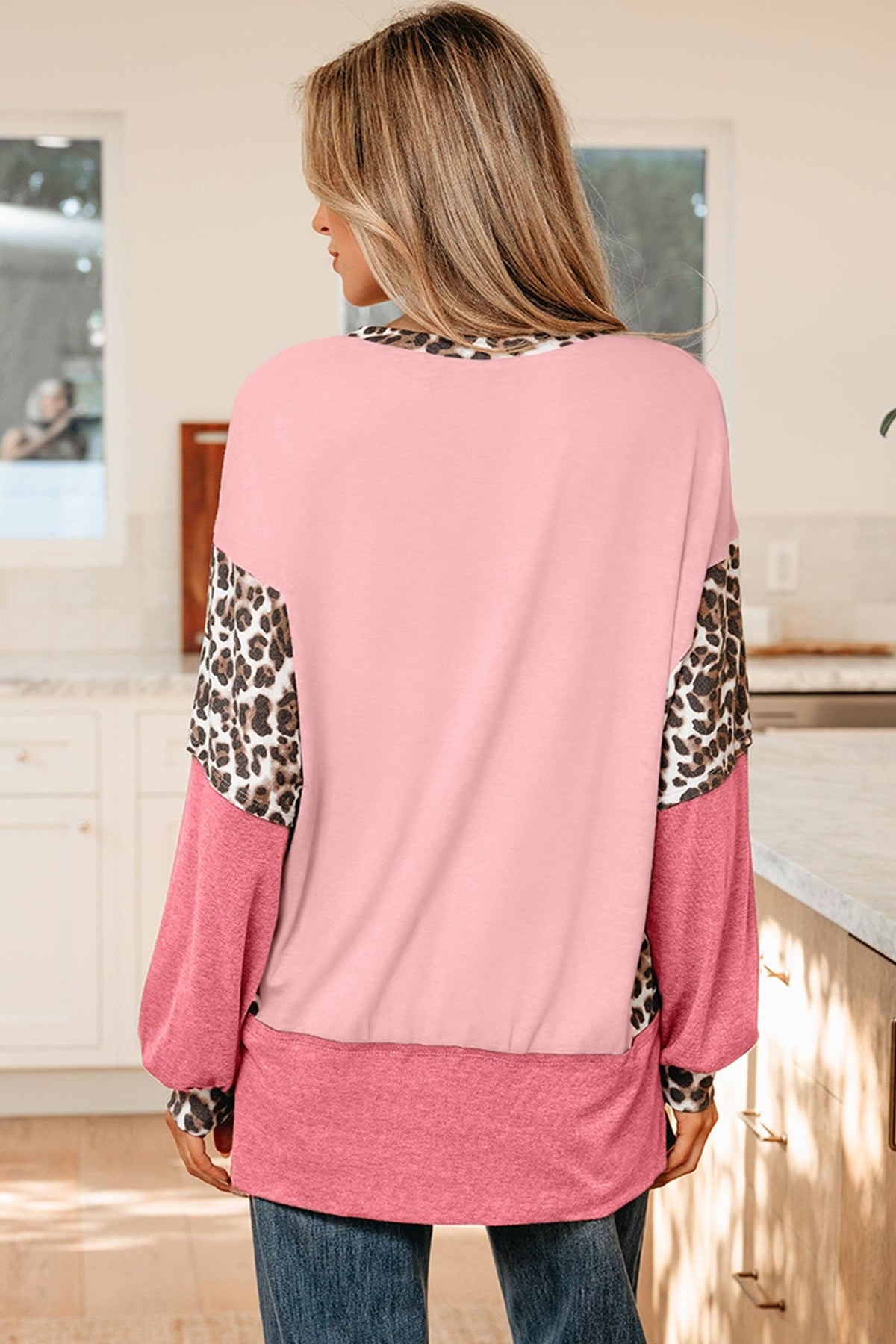Color Block Leopard Dolman Sleeve High Low Baggy Sweatshirt: Light Pink / 75%Polyester+20%Viscose+5%Elastane