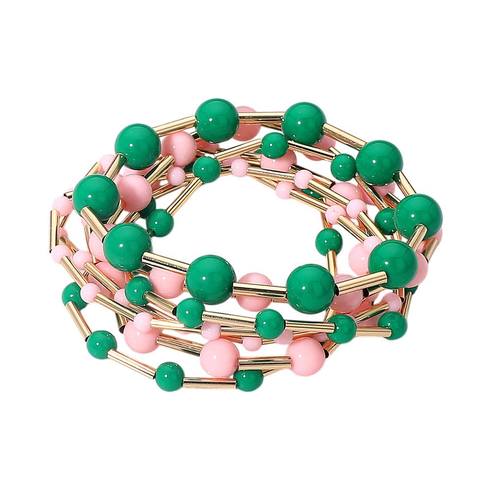 7PCS - Resin Ball Metal Bar Beaded Stretch Stackable Multi Layered Bracelets: Pink&Green