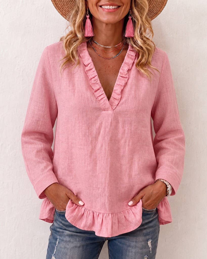Boho Ruffle Trim V Neck Long Sleeve Casual Blouse: Khaki