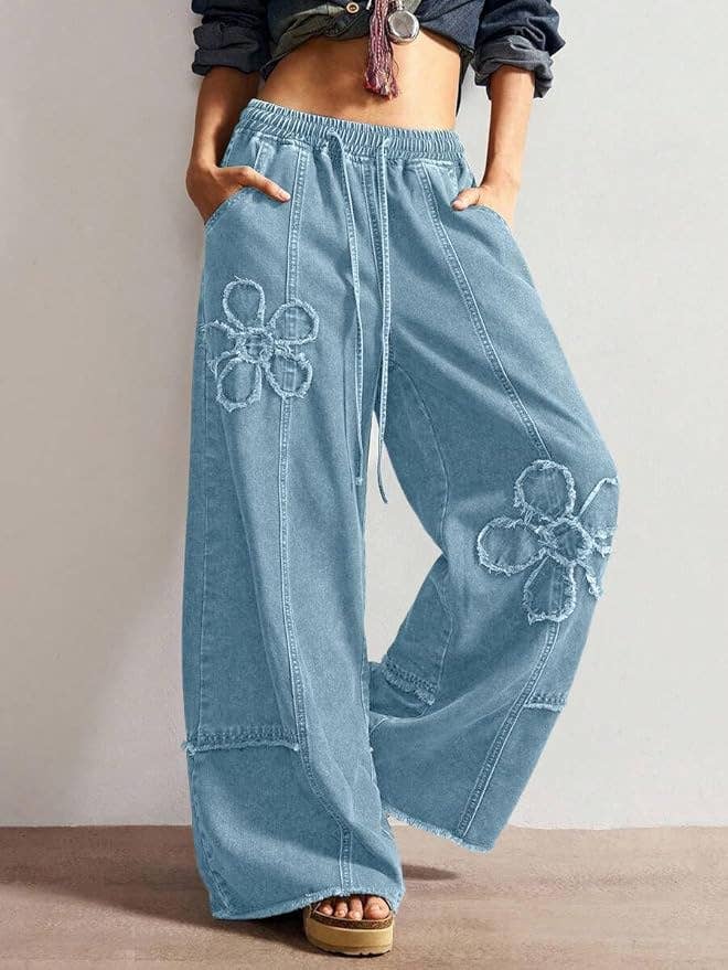 Western Boho Vintage Floral Drawstring Seamed Jeans: DarkBlue