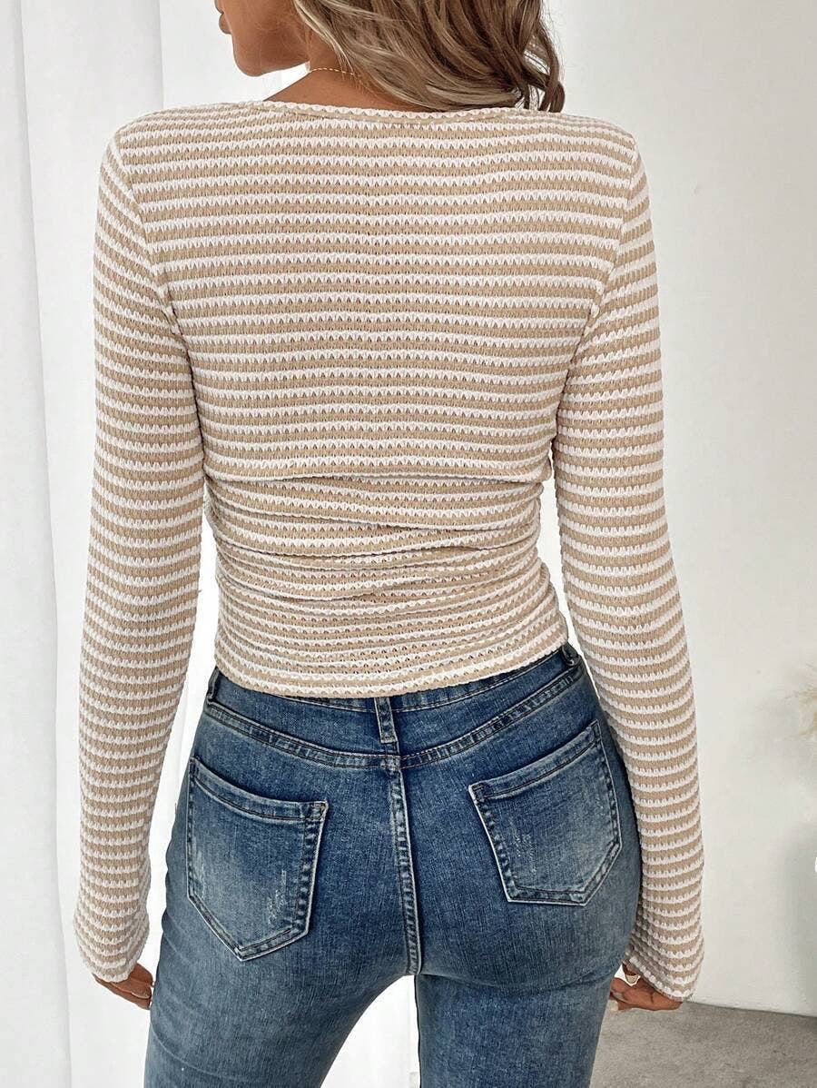 Striped Cotton Knit Top Trendy Fitted Square Neck: Apricot / 65%viscose+ 35%polyester