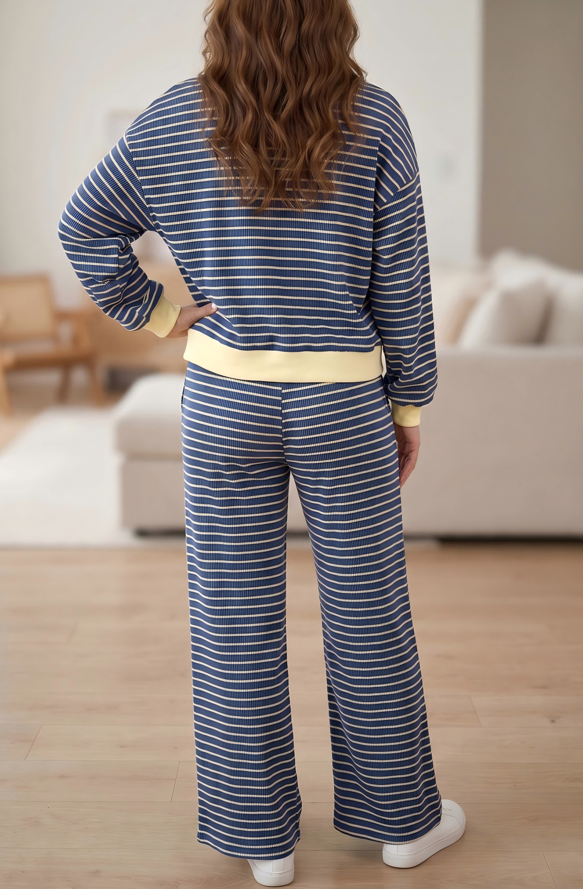 Color Block Patchwork Zip V Neck Pullover Pants 2pcs Set: Blue Stripe / XL