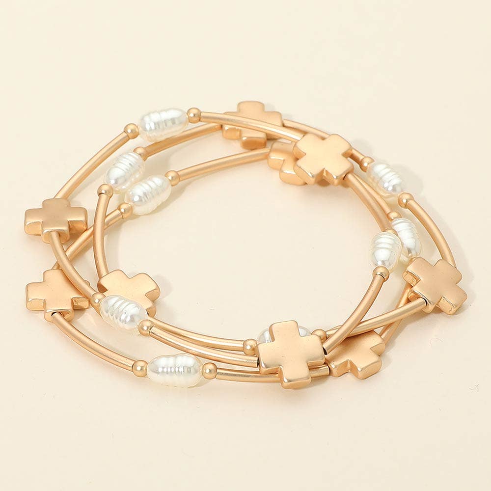 3PCS - Cross Charm Pearl Beaded Stretch Multi Layered Bracelets: Matte Silver,White