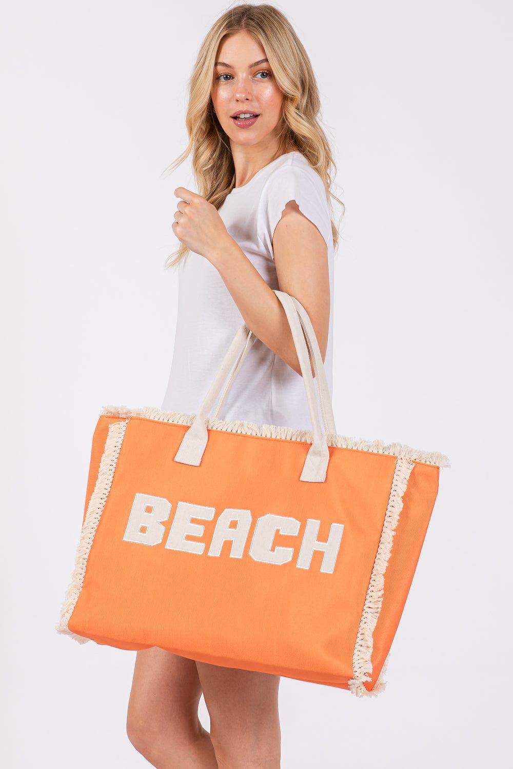 MB0268 Embroidered Beach Letter Fringe Tote Bag: Orange