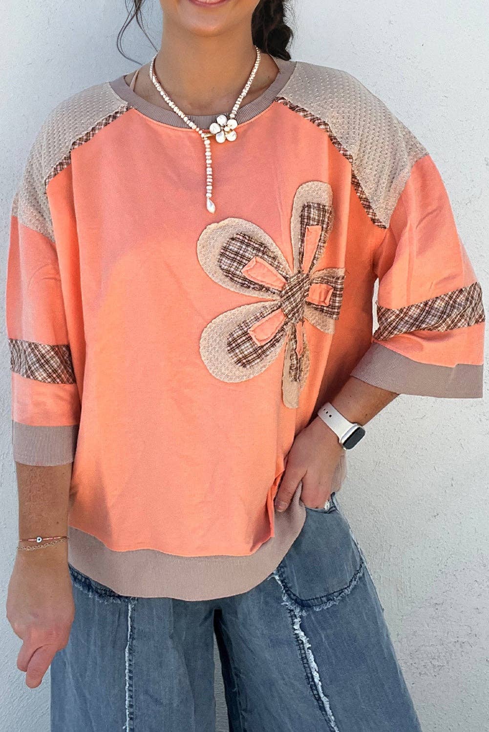 Grapefruit Orange Plaid Waffle Flower Patchwork Bracelet Sleeve Top: Grapefruit Orange / 95%Cotton+5%Elastane