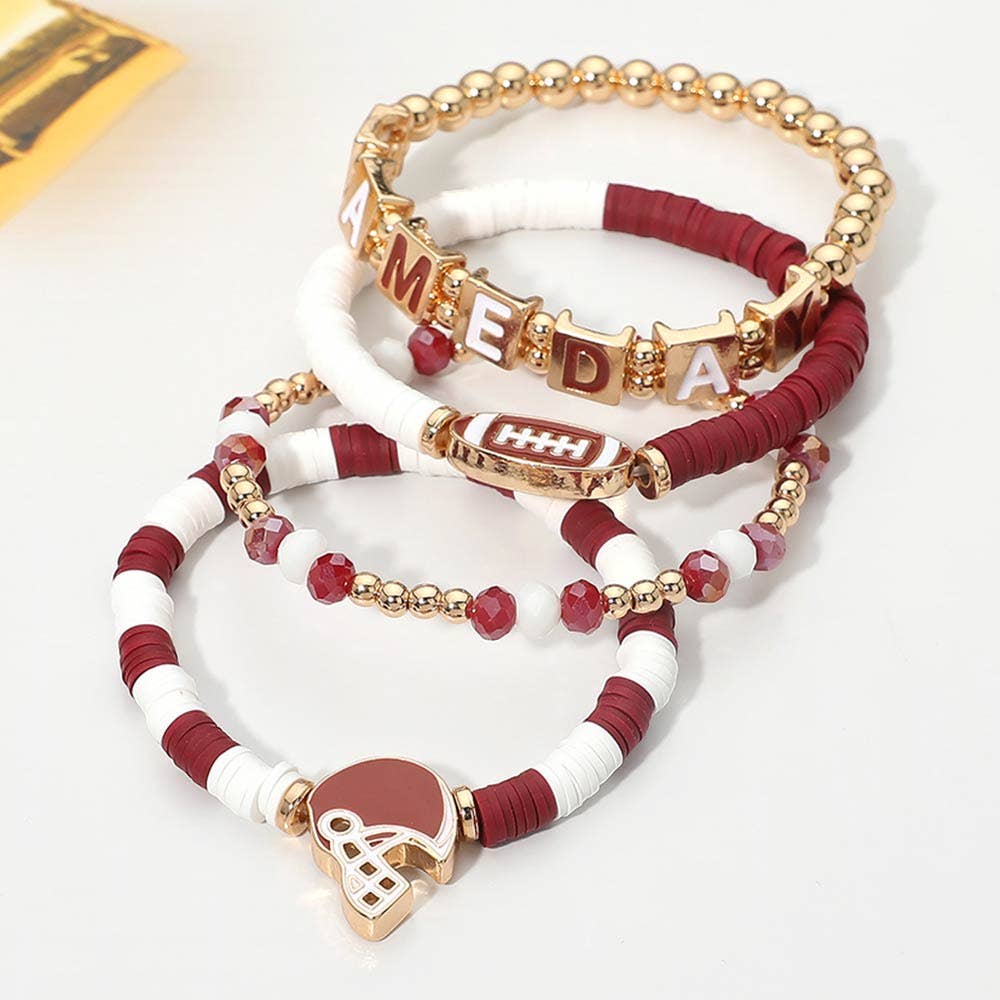 4PCS - GAMEDAY Football Charm Heishi Beaded Stretch Multi Layered Bracelets: Black Burgundy