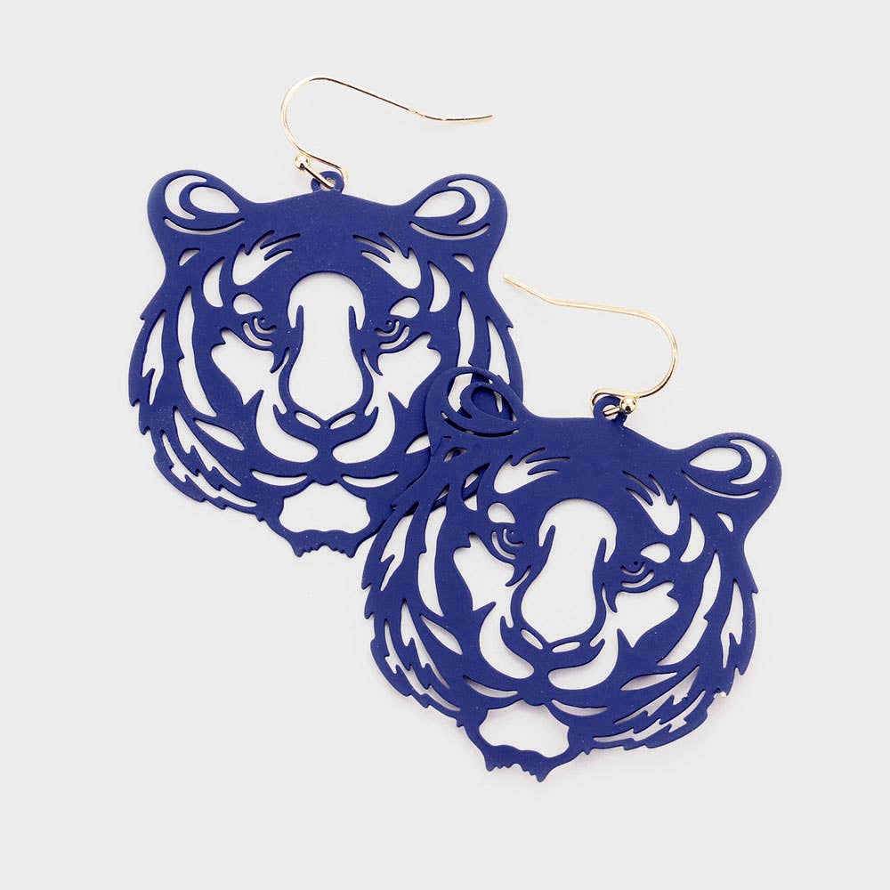 Brass Metal Cut Out Tiger Dangle Earrings: Silver