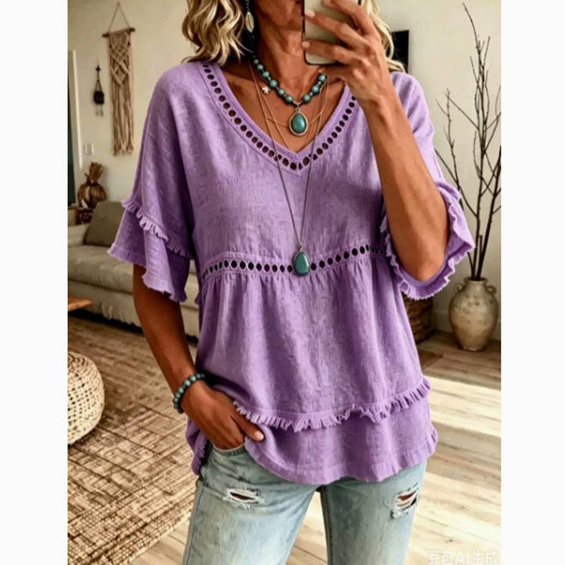 Boho Linen V Neck Blouse Eyelet Ruffle Sleeve: White / 30%cotton70%linen