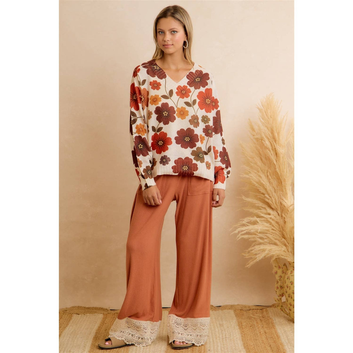 SOLID RIB KNIT CROCHET LACE HEM WITH DOUBLE POCKET PANTS: RUST