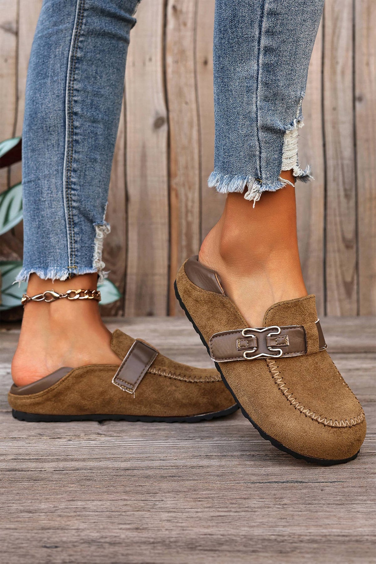 Faux Suede PU Leather Patchwork Retro Buckle Slip On Shoes: Khaki