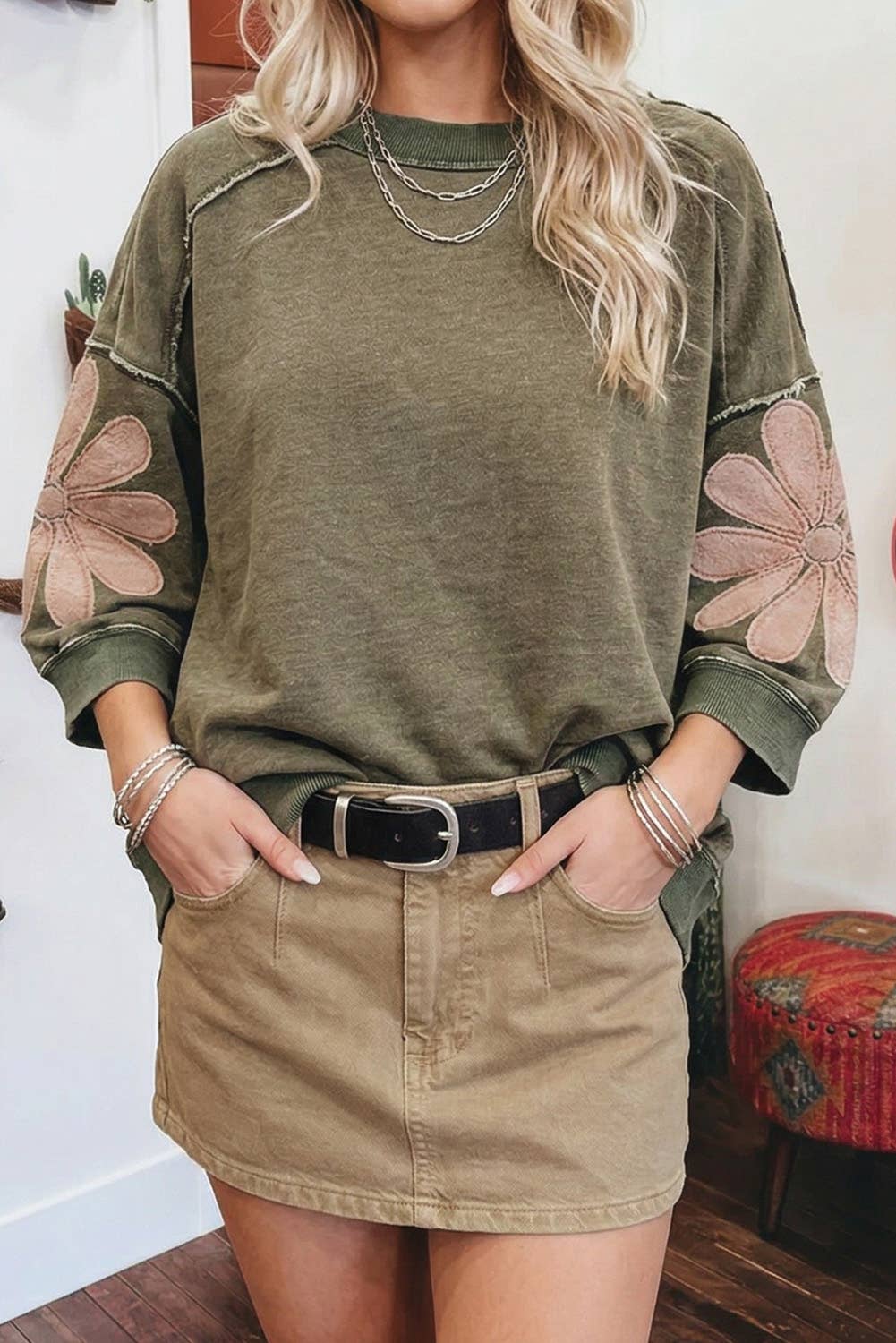 Western Mineral Wash Raw Seam Patchwork 3/4 Sleeve Top: Breen