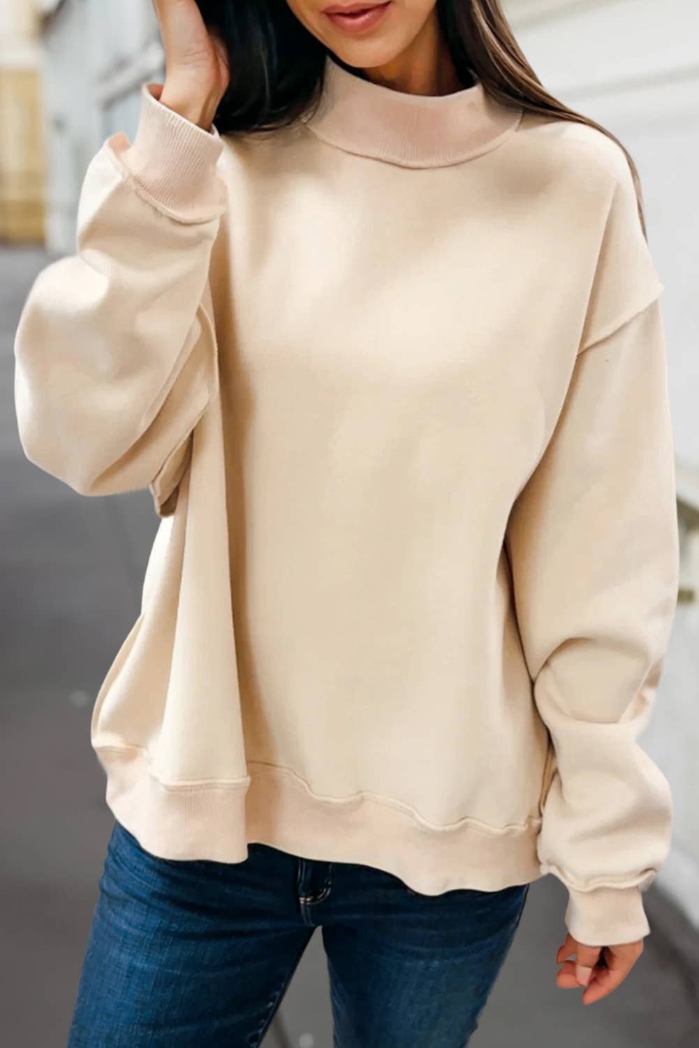 Reversible Oversized Mock Neck Sweatshirt | S-4X: Light Grey