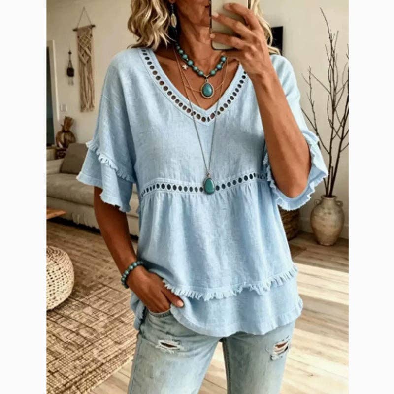 Boho Linen V Neck Blouse Eyelet Ruffle Sleeve: White / 30%cotton70%linen