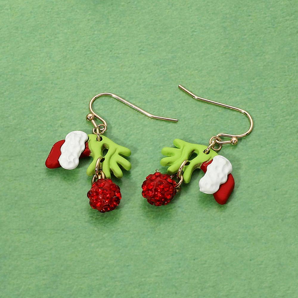 Grinch Santa Hand Christmas Ornate Drop Charm Dangle Earrings: Gold