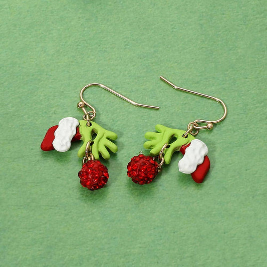 Grinch Santa Hand Christmas Ornate Drop Charm Dangle Earrings: Gold