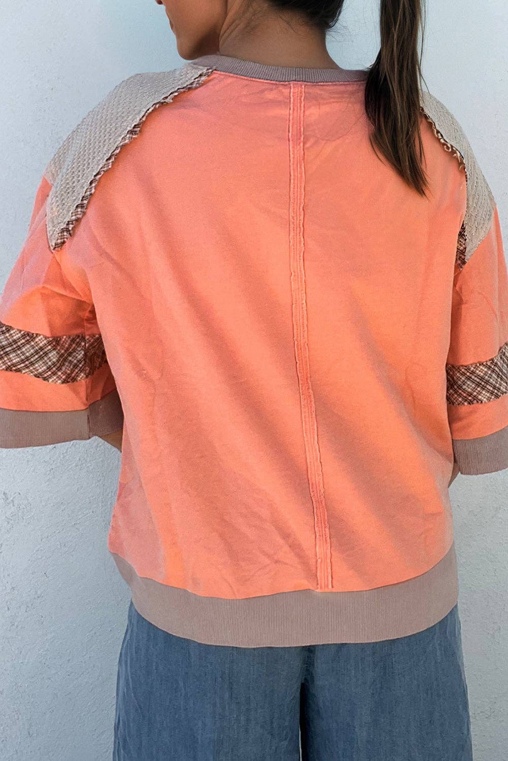 Grapefruit Orange Plaid Waffle Flower Patchwork Bracelet Sleeve Top: Grapefruit Orange / 95%Cotton+5%Elastane