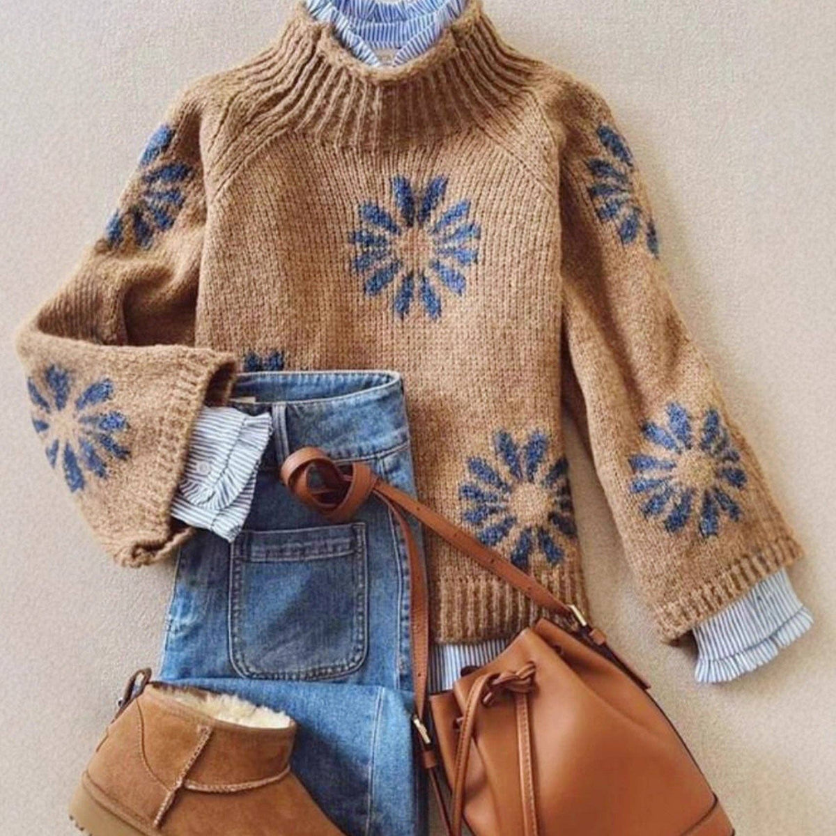 Khaki Floral Knit Sweater Women Ribbed Pattern N5A880: Khaki