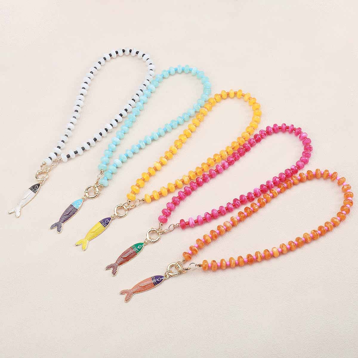 Beaded Fish Pendant Statement Necklace: Orange