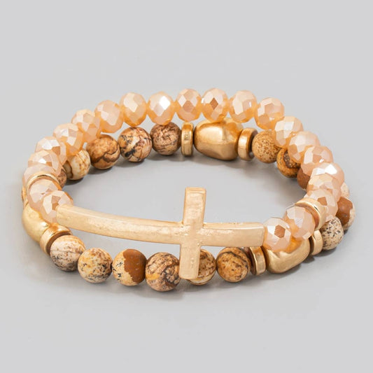Cross Charm Stone Beaded Bracelet Set: LCTWG