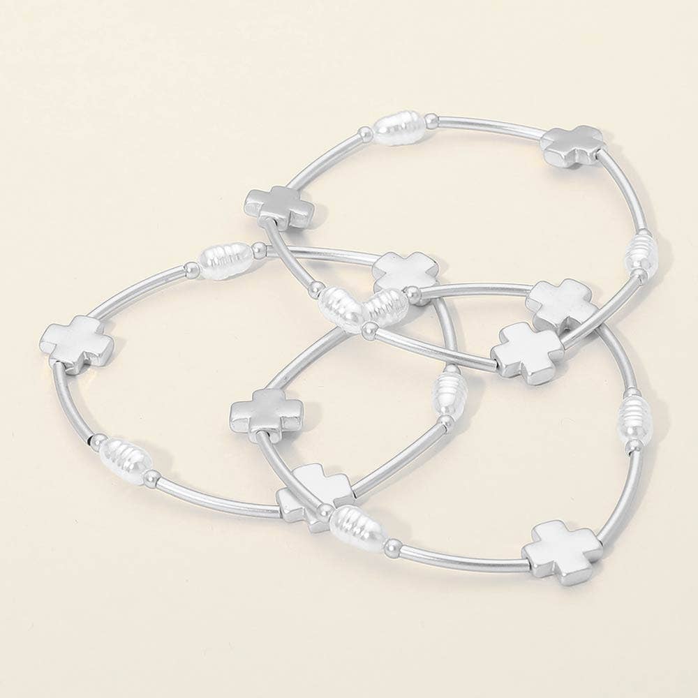 3PCS - Cross Charm Pearl Beaded Stretch Multi Layered Bracelets: Matte Silver,White