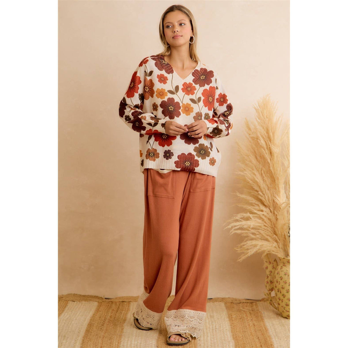 SOLID RIB KNIT CROCHET LACE HEM WITH DOUBLE POCKET PANTS: RUST