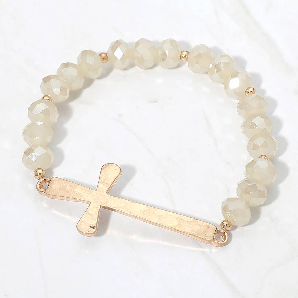 Brushed Hammered Metal Cross Accent Faceted Beaded Stretch Bracelet: Light Blue